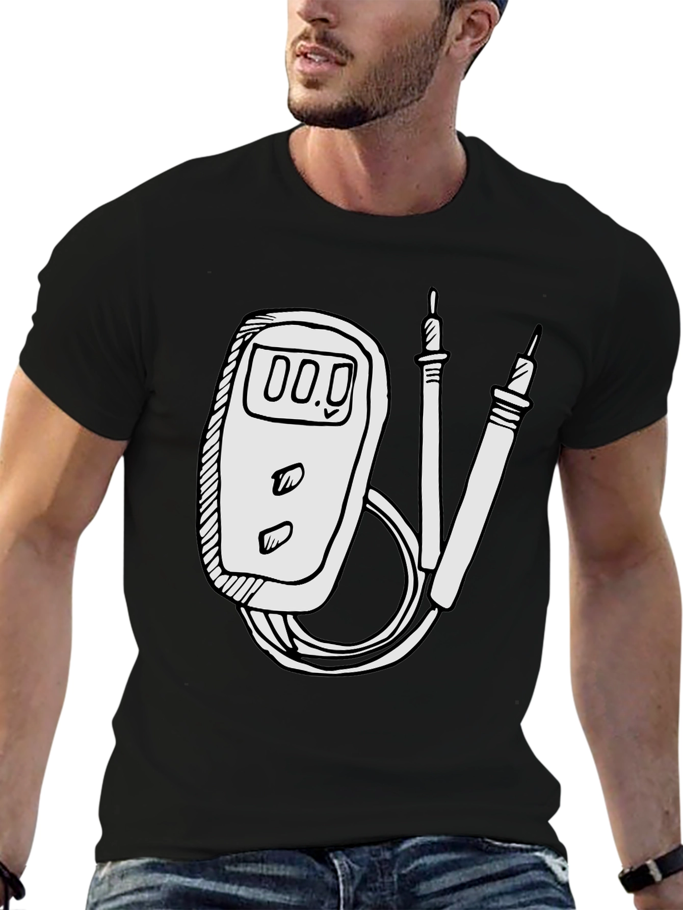 Black Electrician Humor Tee: Multimeter Graphic T-Shirt view 6