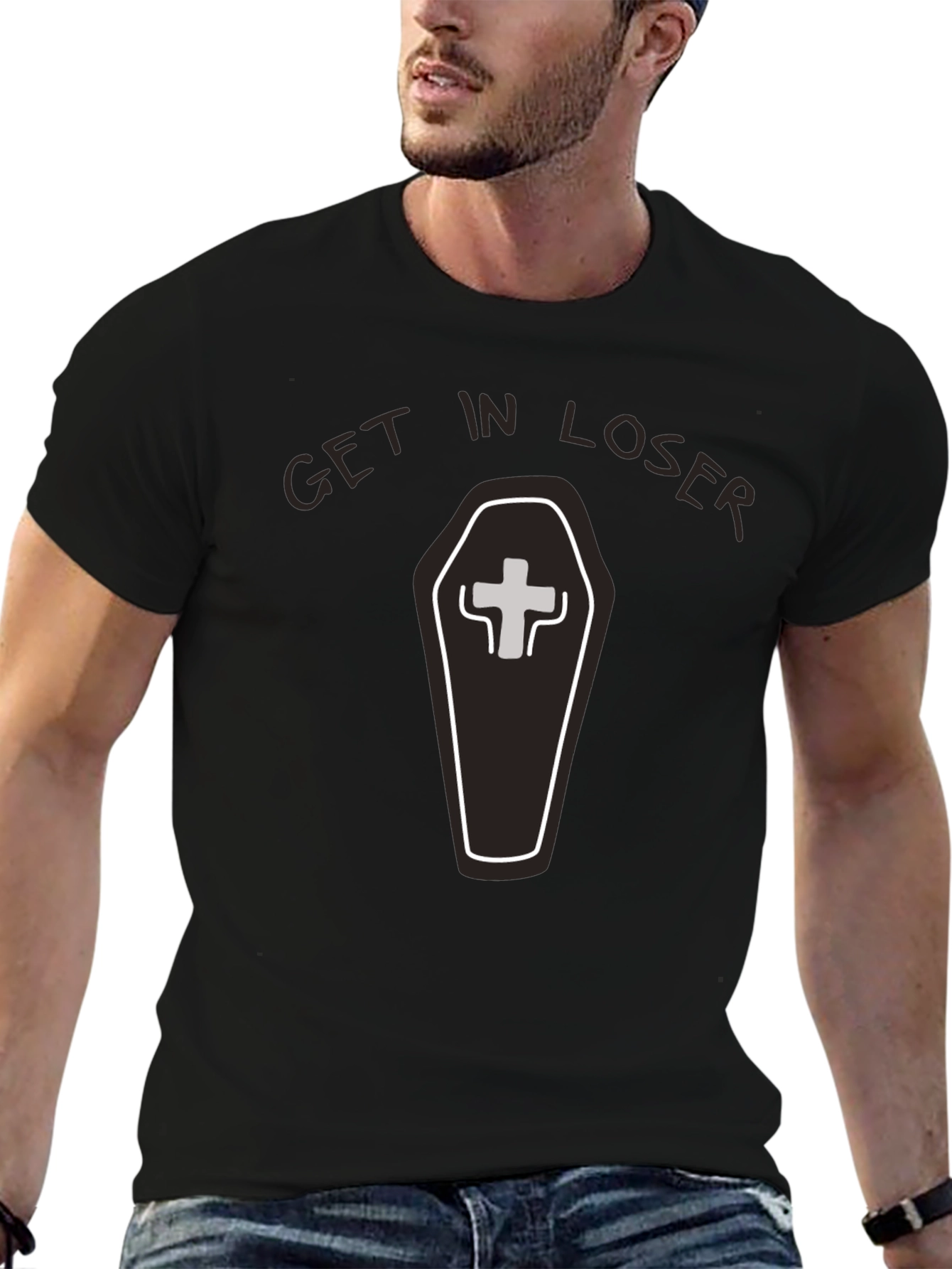 Black Get in Loser Coffin T-Shirt - Funny Graphic Tee view 6