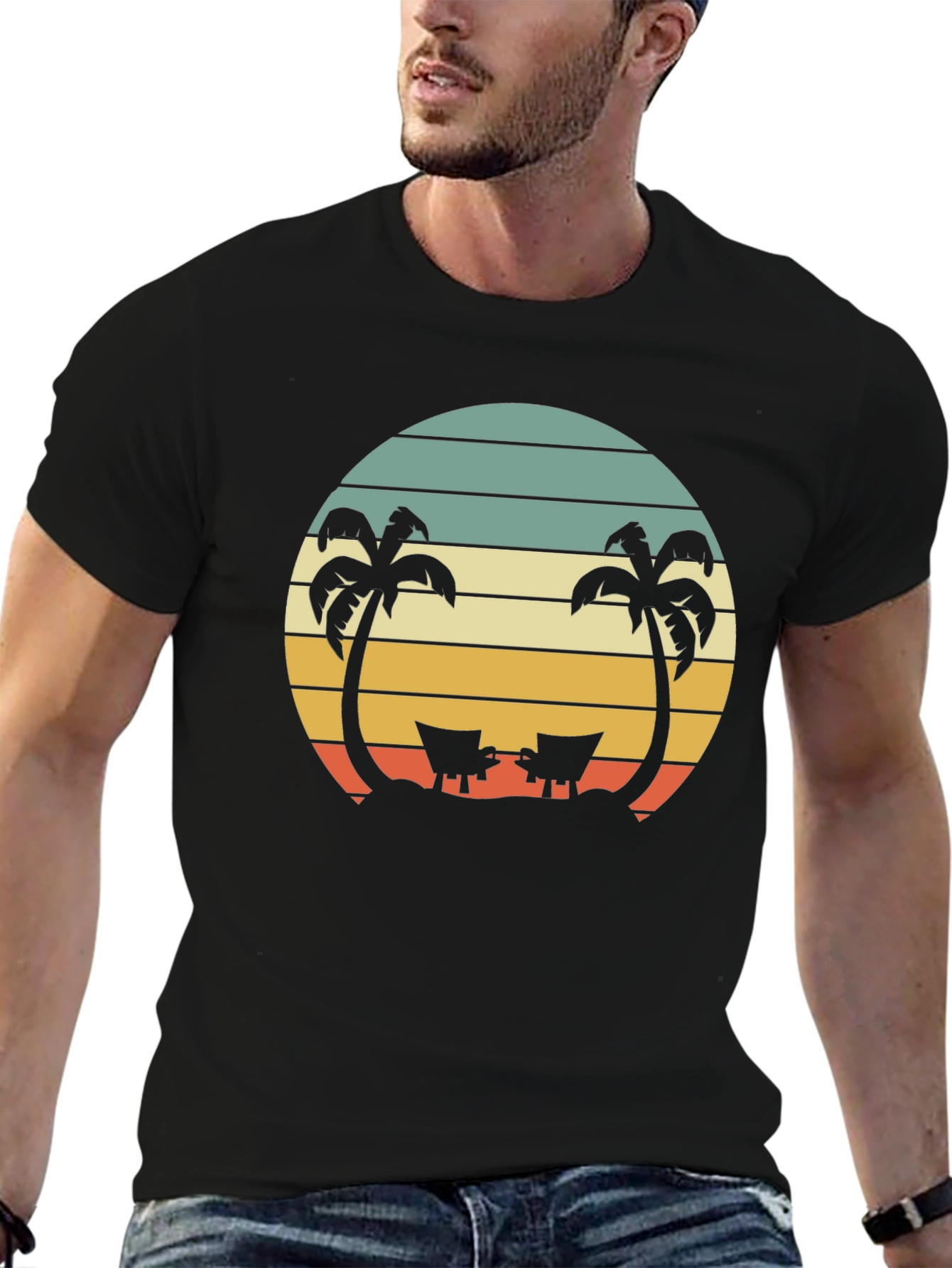 Black Retro Beach Sunset T-Shirt - Palm Trees & Deck Chairs view 6