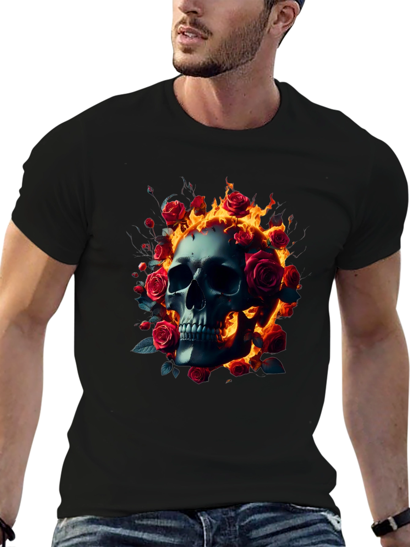 Black Skull Roses Flames T-Shirt - Dark Gothic Tee view 6