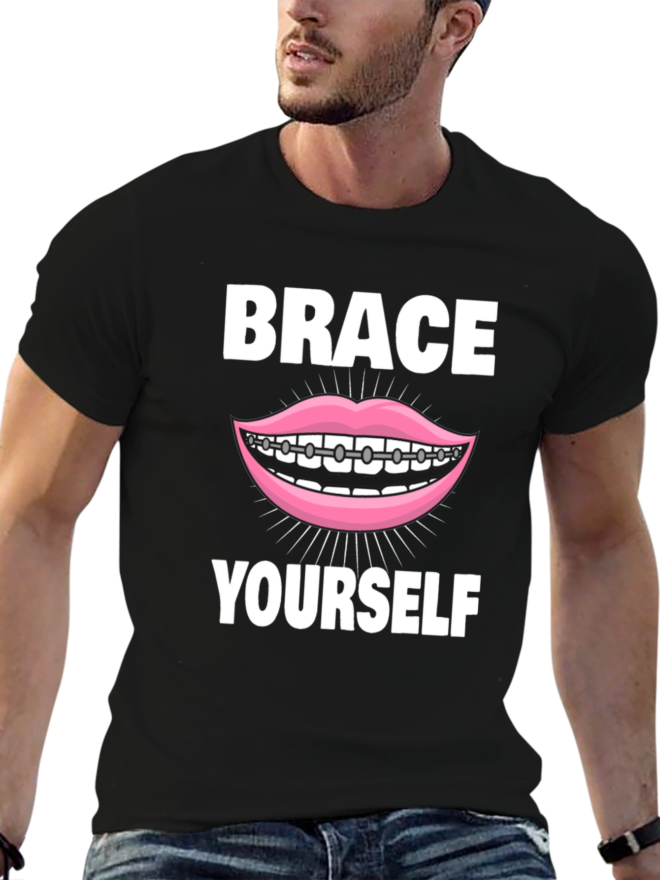 Black Brace Yourself T-Shirt - Funny Dental Pun Tee view 6