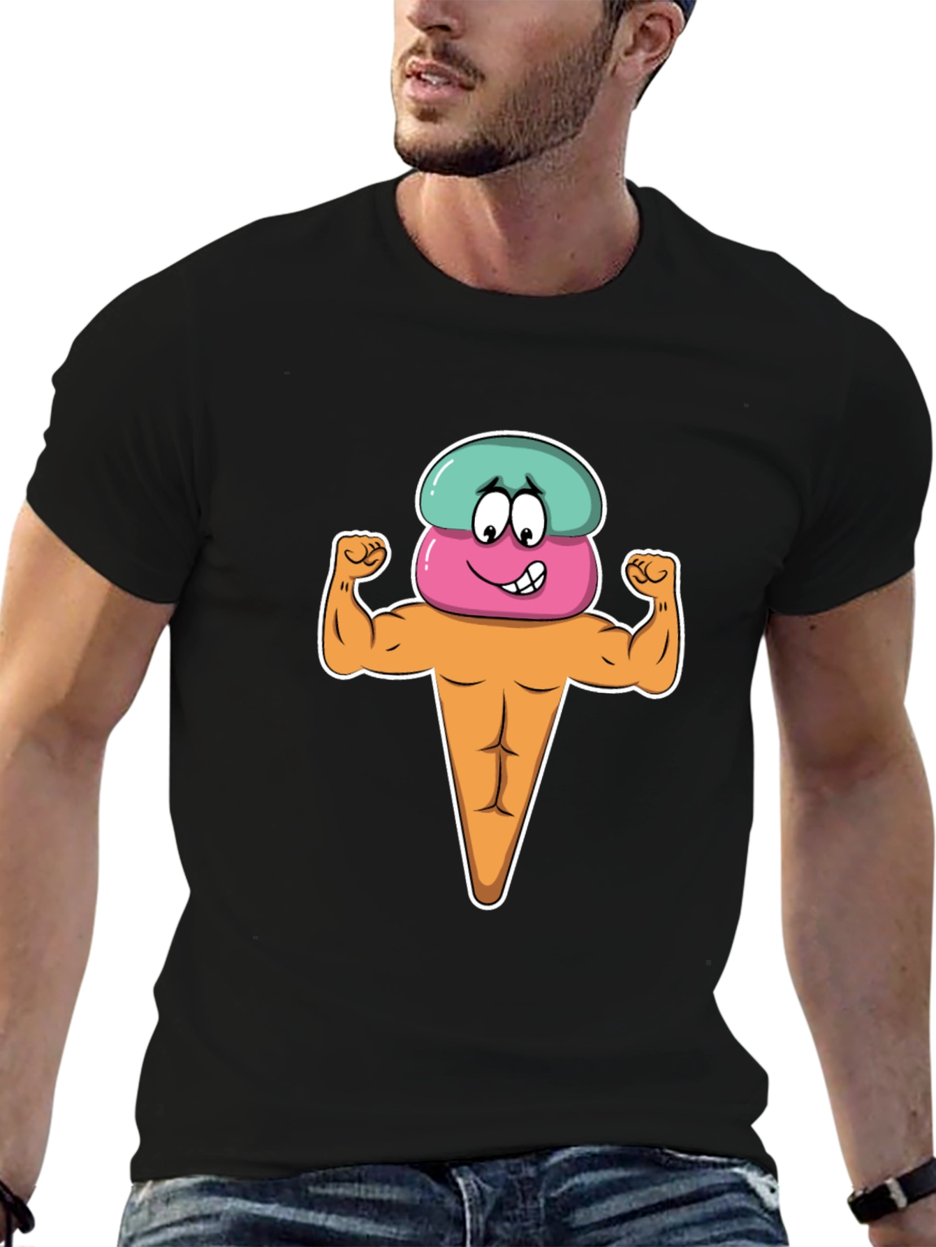 Black Funny Cartoon Ice Cream Muscle Man Graphic T-Shirt view 6
