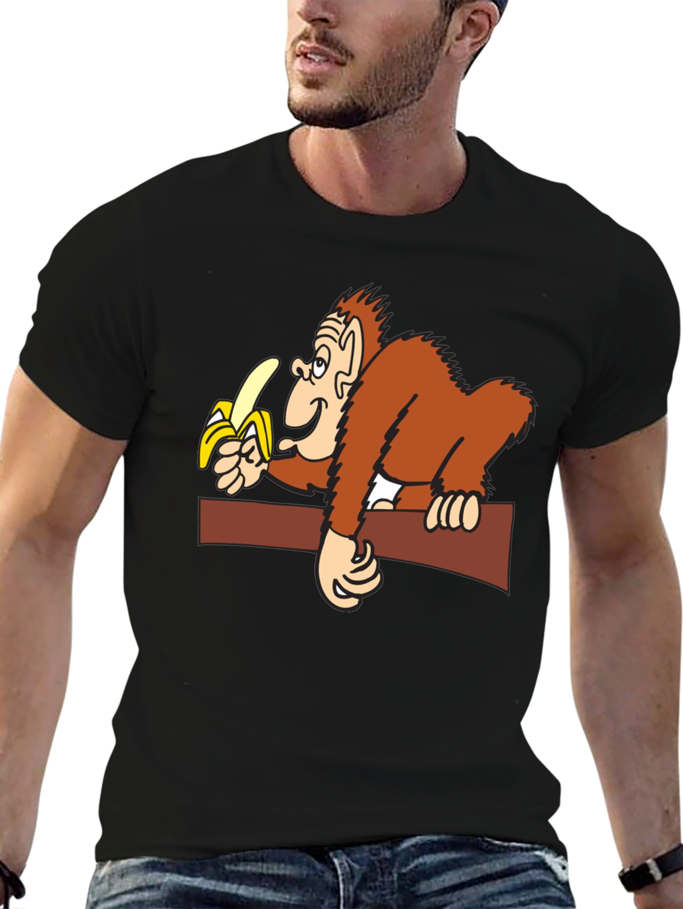 Black Cartoon Monkey Eating Banana T-Shirt view 6