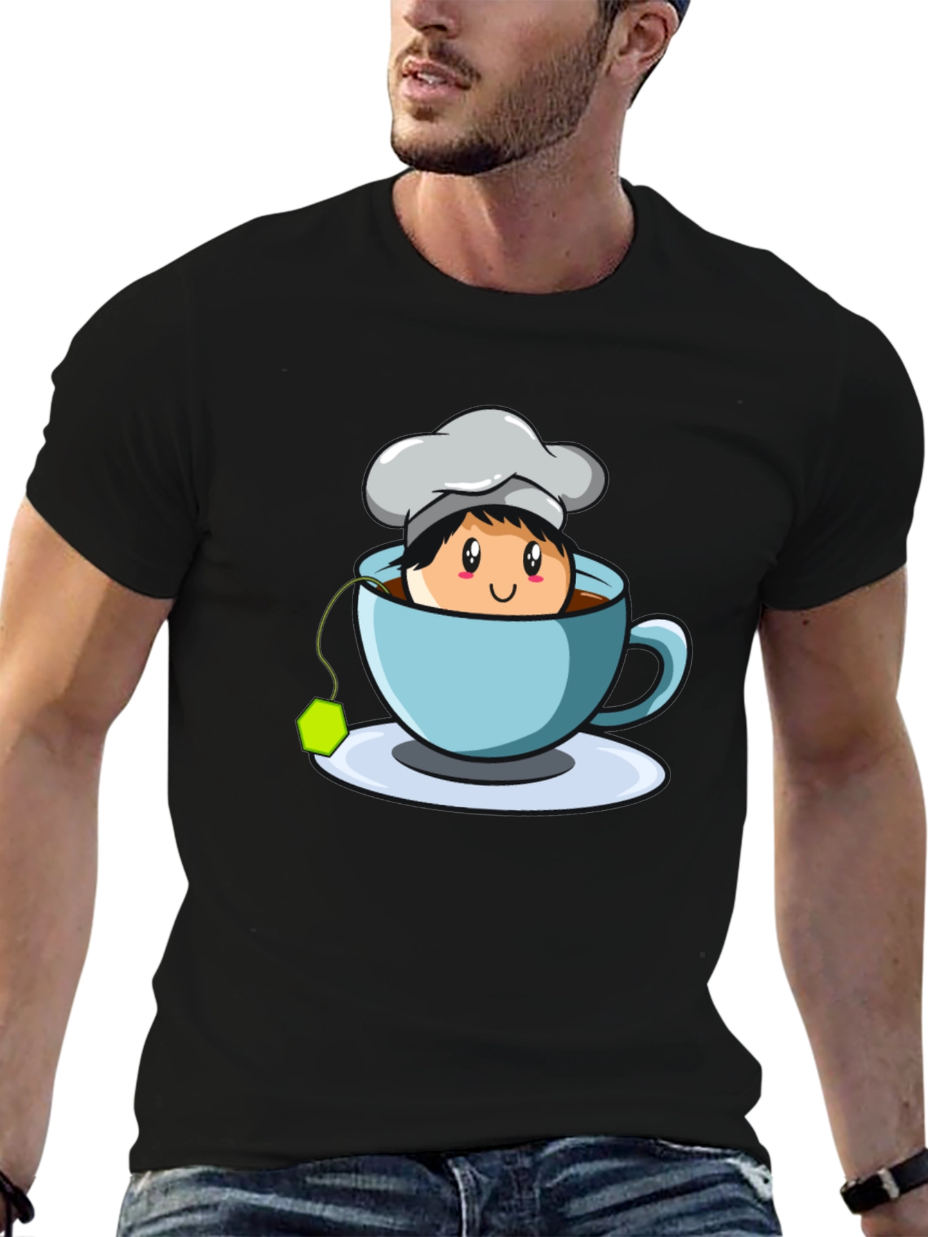 Black Chef Tea Cup Graphic T-Shirt - Cute Cartoon Design view 6