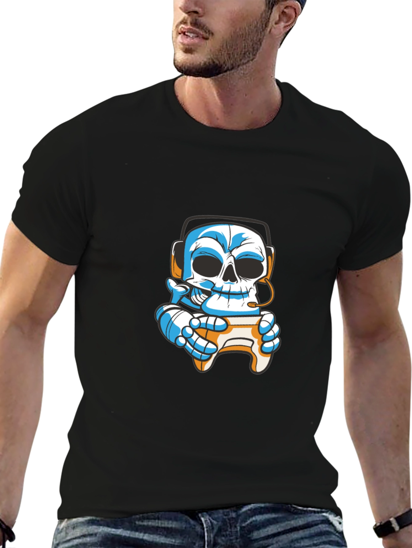 Black Gamer Skull T-Shirt - Black Cotton Graphic Tee view 6