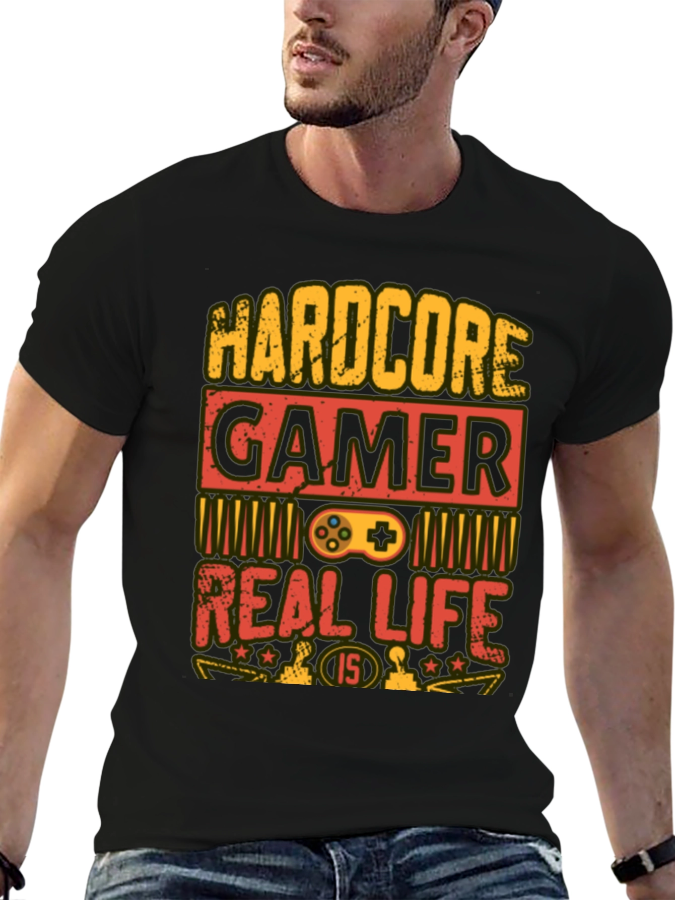 Black Hardcore Gamer T-Shirt - Real Life is 1/5 view 6