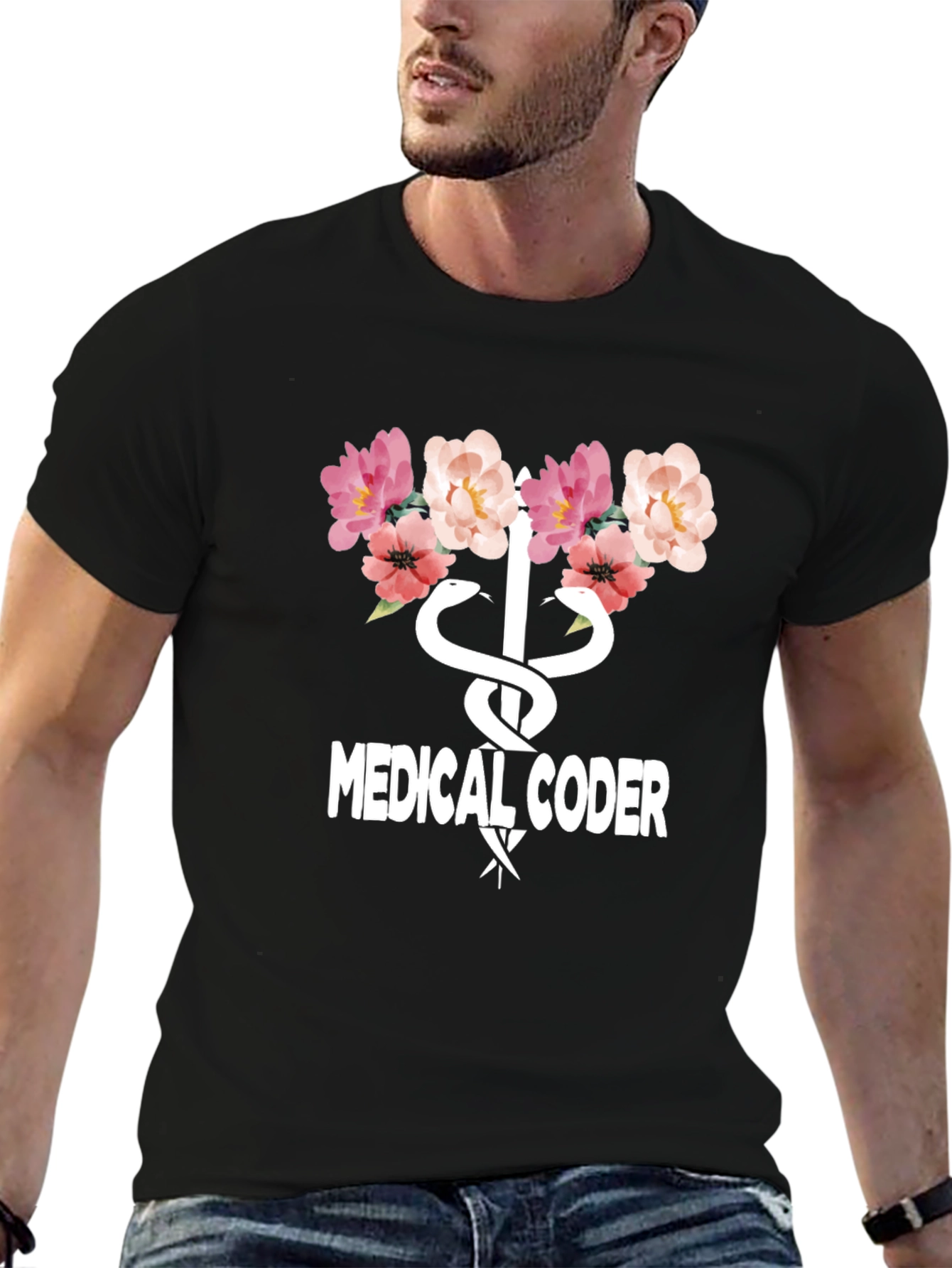 Black Medical Coder Floral Graphic T-Shirt view 6