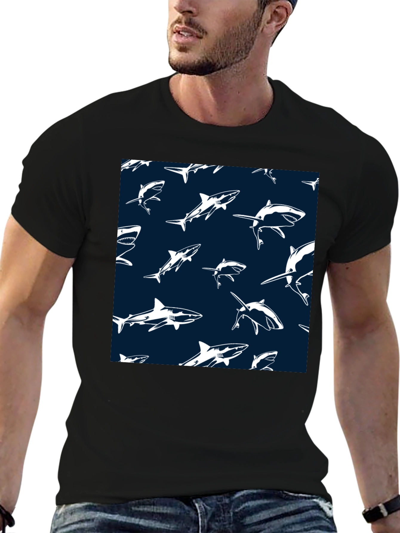 Black Shark Pattern T-Shirt - Cool Graphic Tee view 6