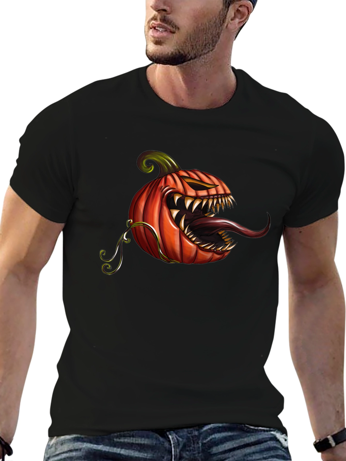Black Men's Black T-Shirt with Spooky Pumpkin Design view 6