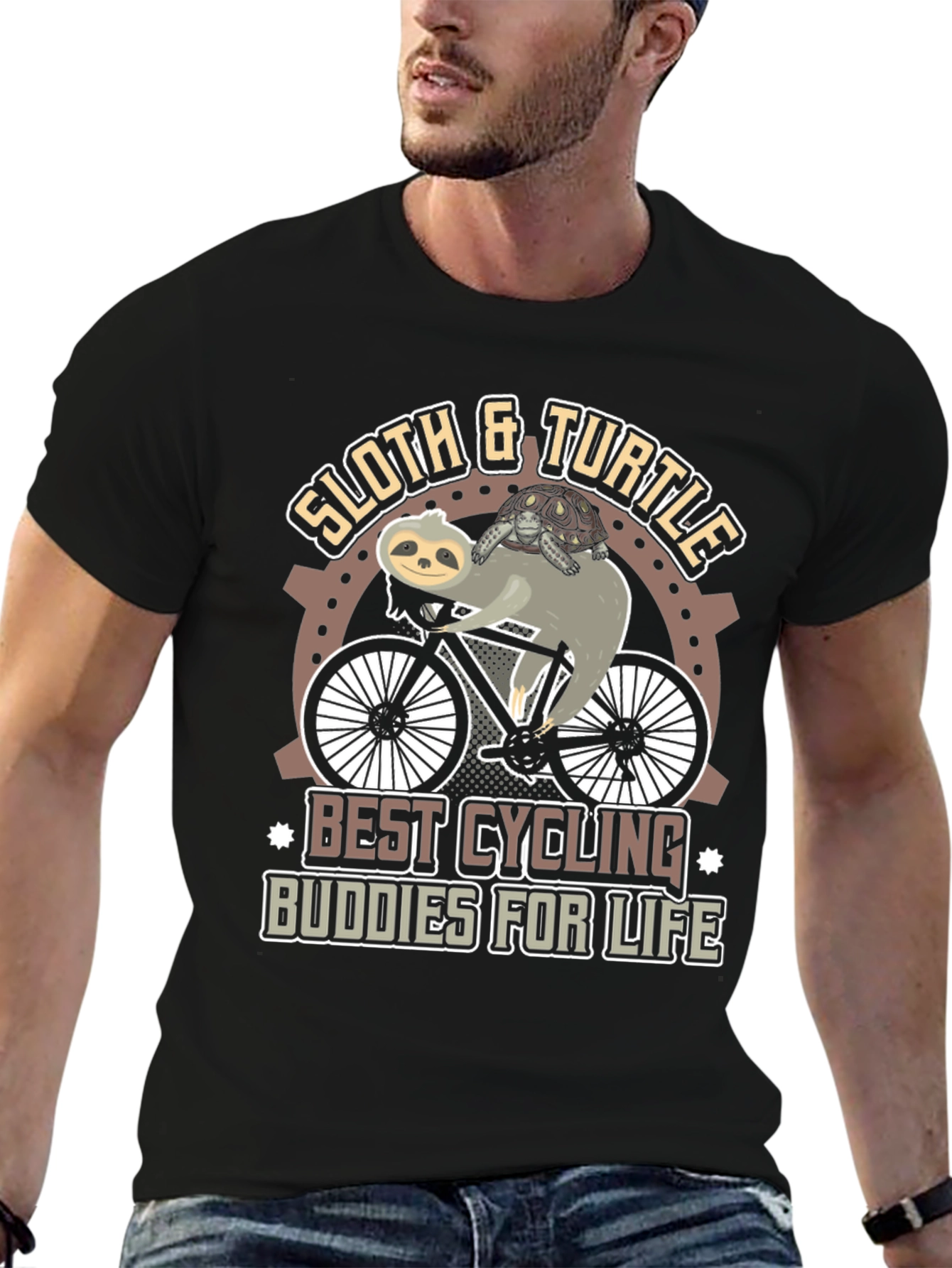Black Sloth & Turtle Cycling Buddies T-Shirt view 6