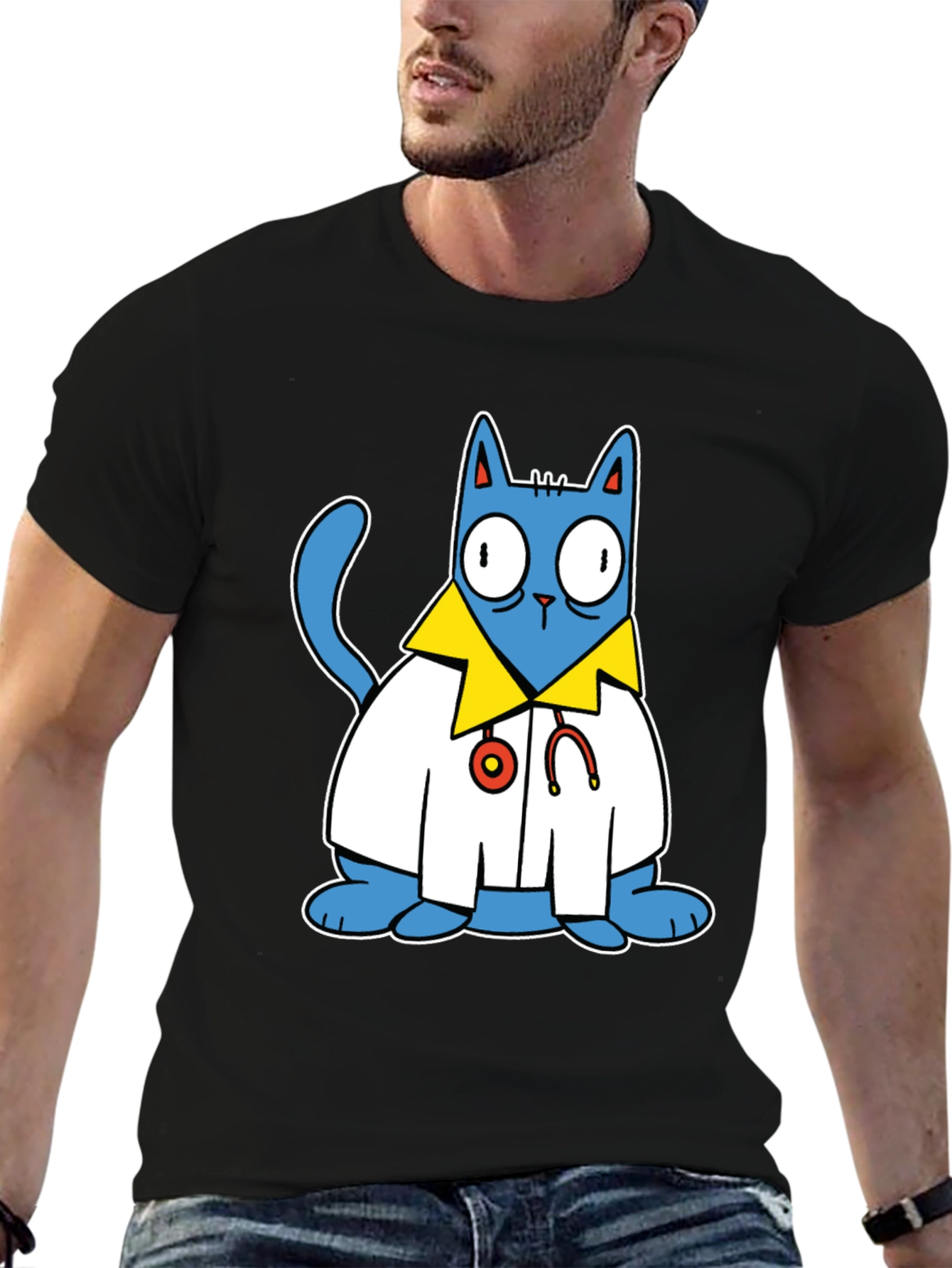 Black Doctor Cat T-Shirt - Funny Cartoon Tee view 6