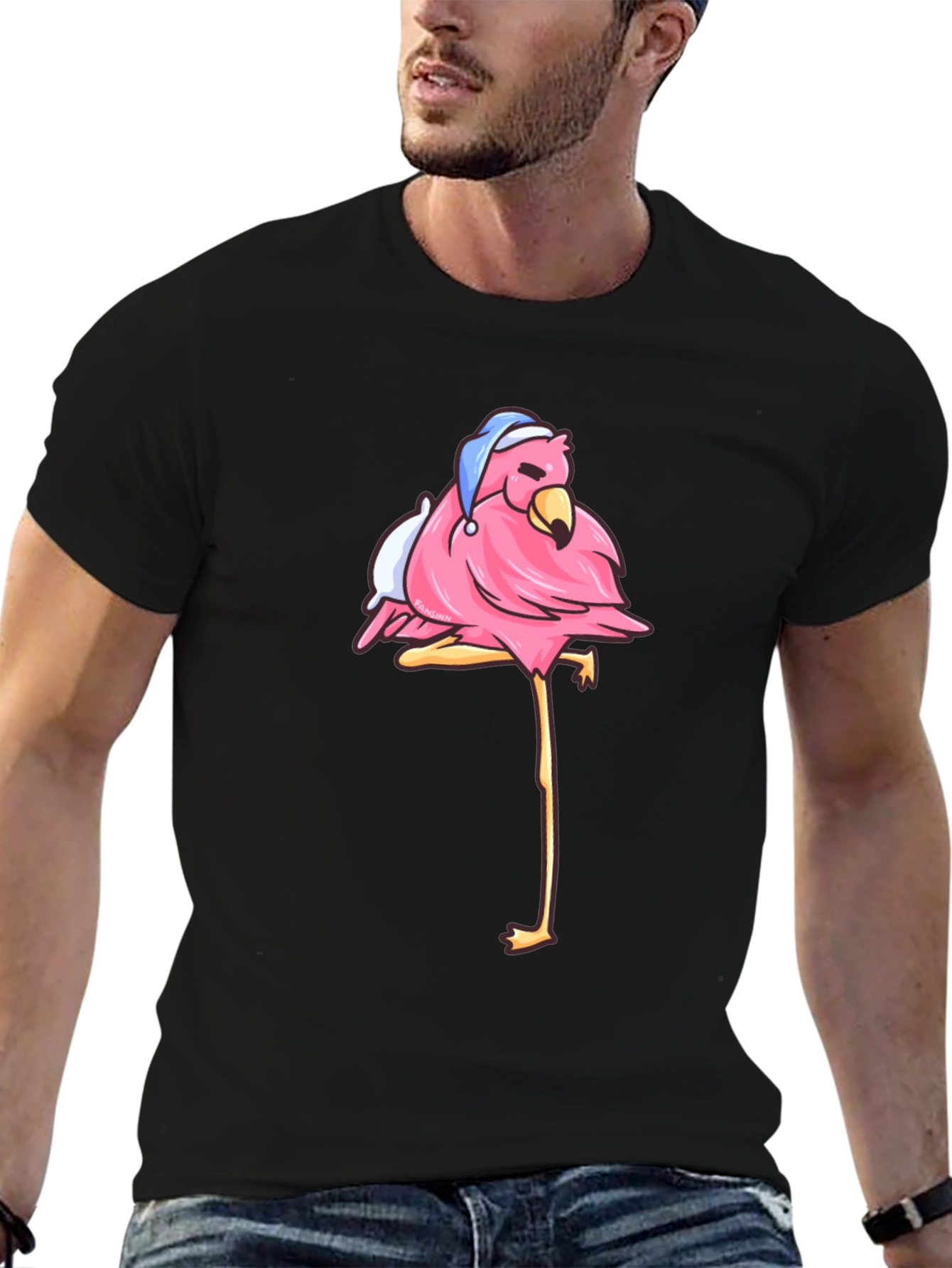 Flamingo Black T-Shirt with Sleepy Bird Design - 6