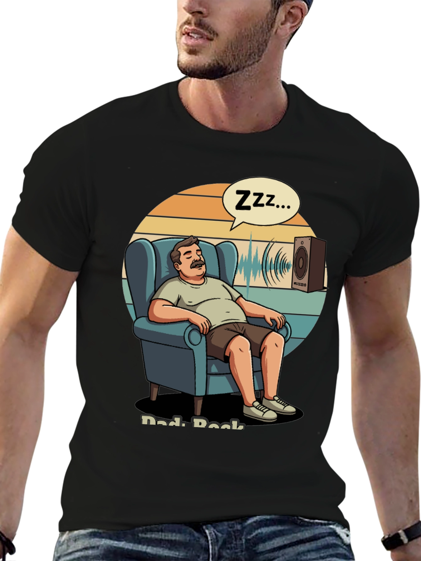 Black Dad Rock T-Shirt: Napping Cartoon Design view 6