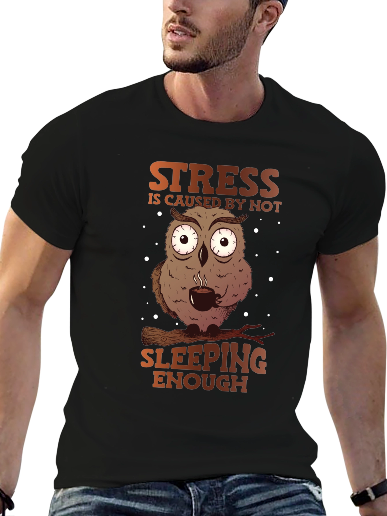 Black Funny Owl Stress T-Shirt - Sleep Deprived Humor view 6
