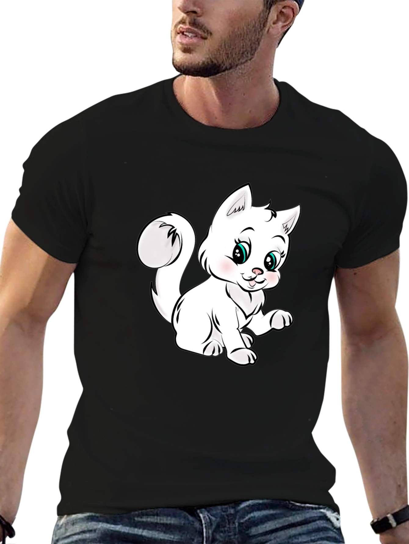 Black Cute Cartoon Kitten Black T-Shirt view 6