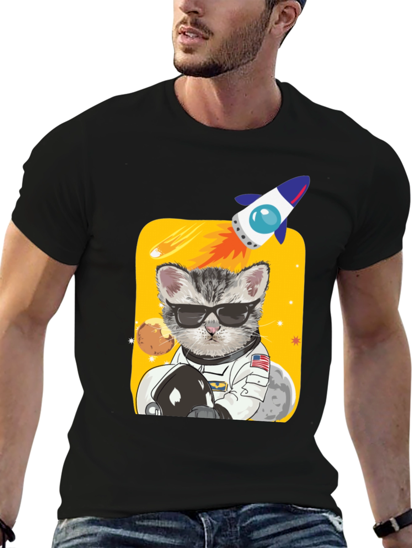 Black Astronaut Cat Graphic Tee - Space Kitty T-Shirt view 6