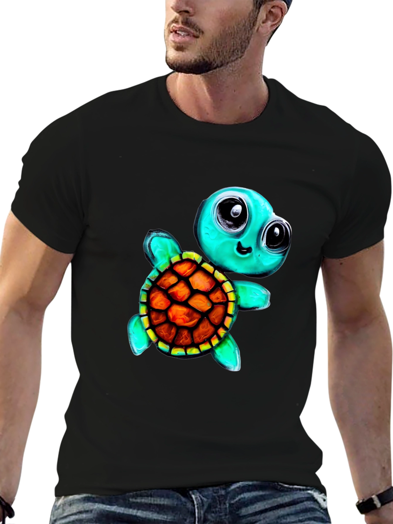 Black Cartoon Turtle Graphic Tee - Men's Black T-Shirt view 6