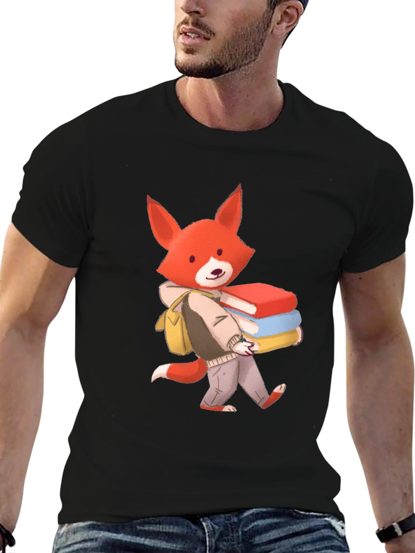 Black Fox with Books Graphic T-Shirt view 6
