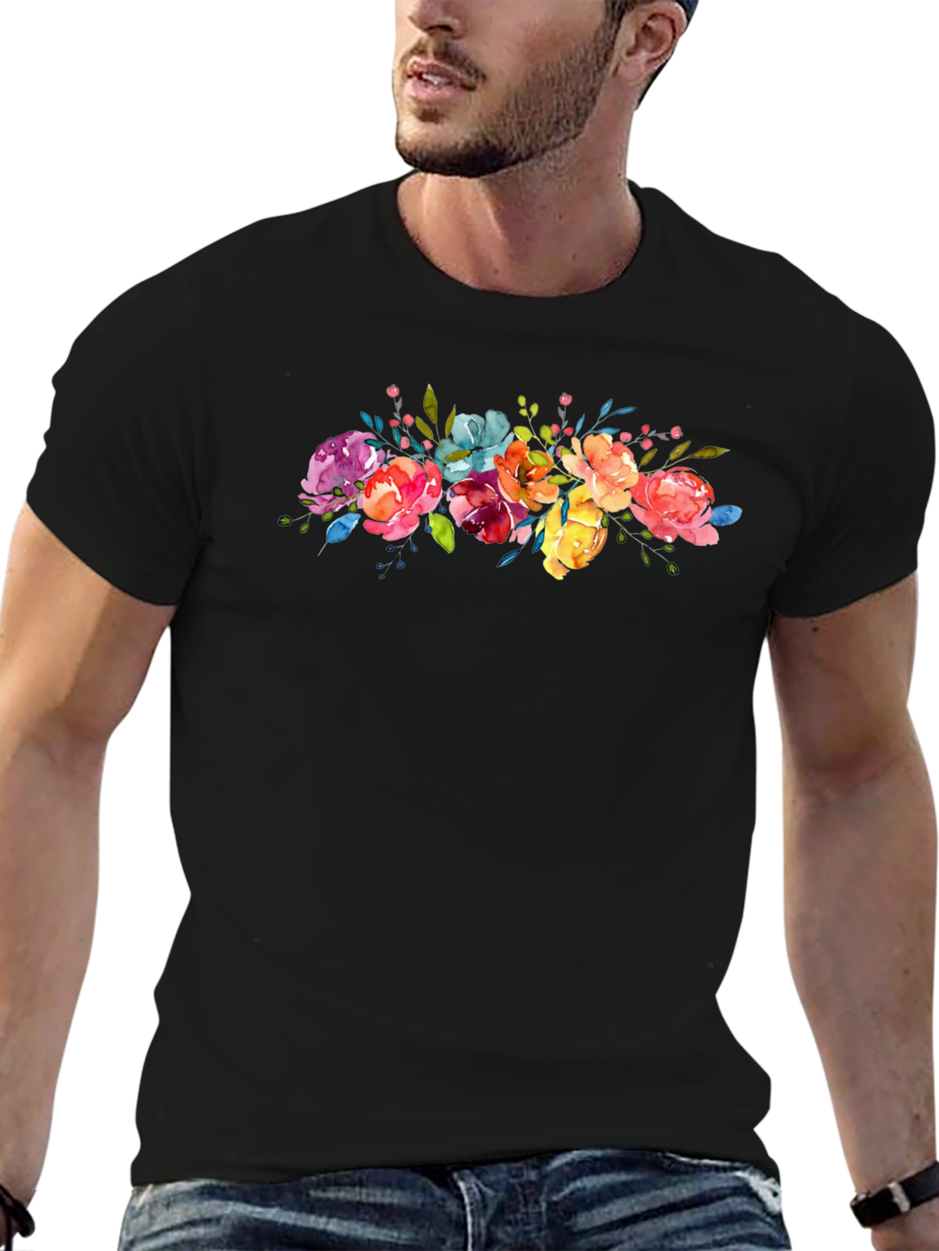 Black Floral Watercolor Graphic Black T-Shirt view 6