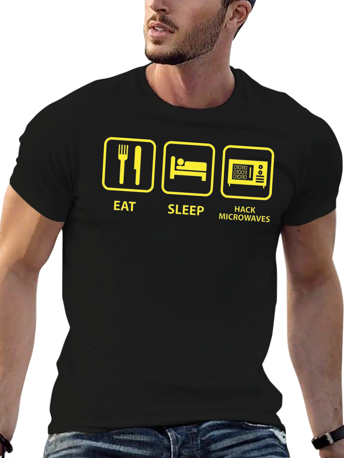 Black Eat Sleep Hack Microwaves Graphic Tee view 6