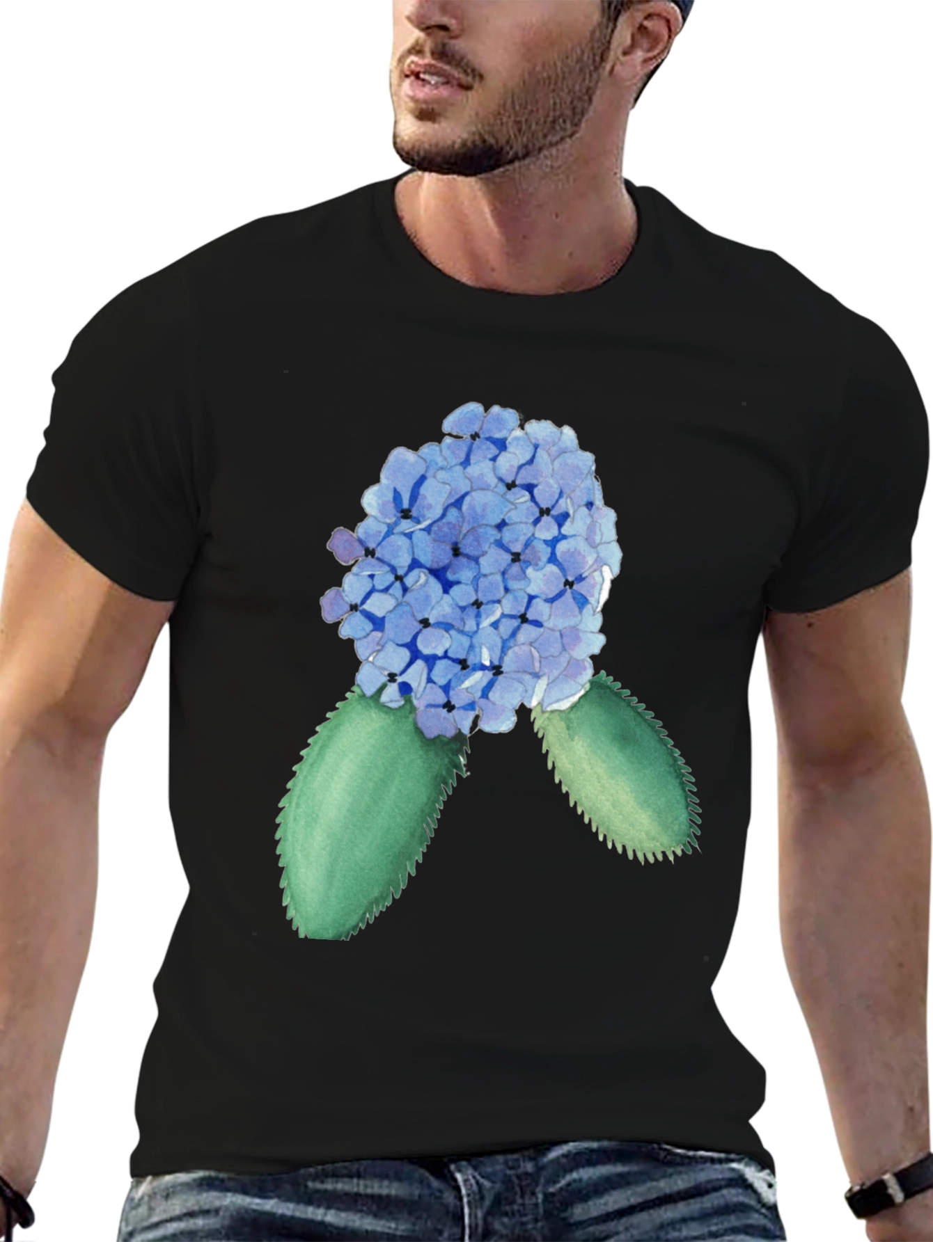 Black Hydrangea Watercolor Black T-Shirt view 6