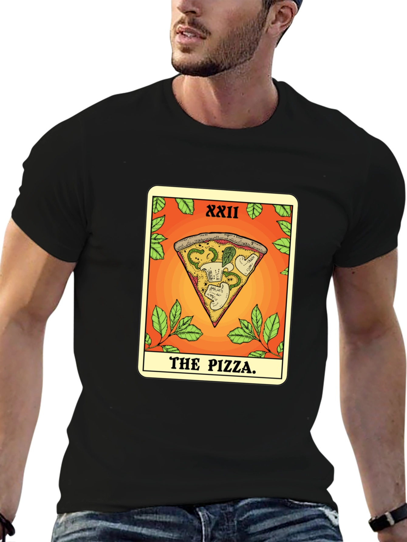 Black Pizza Tarot Card T-Shirt - Novelty Graphic Tee view 6