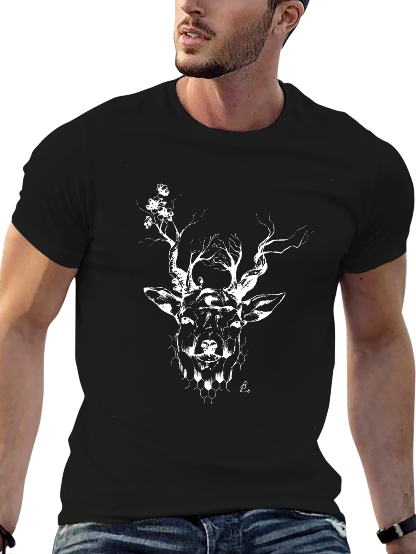 Black Deer Head Graphic Print Black T-Shirt view 6