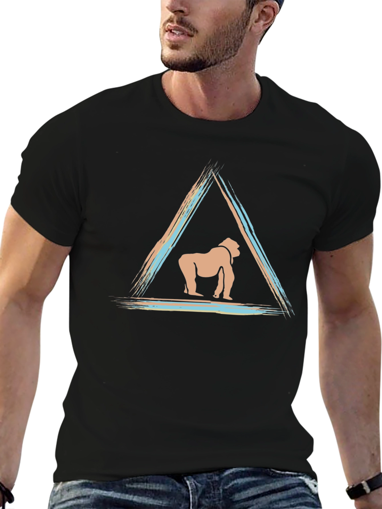 Black Geometric Gorilla Graphic Tee - Black Cotton Blend view 6
