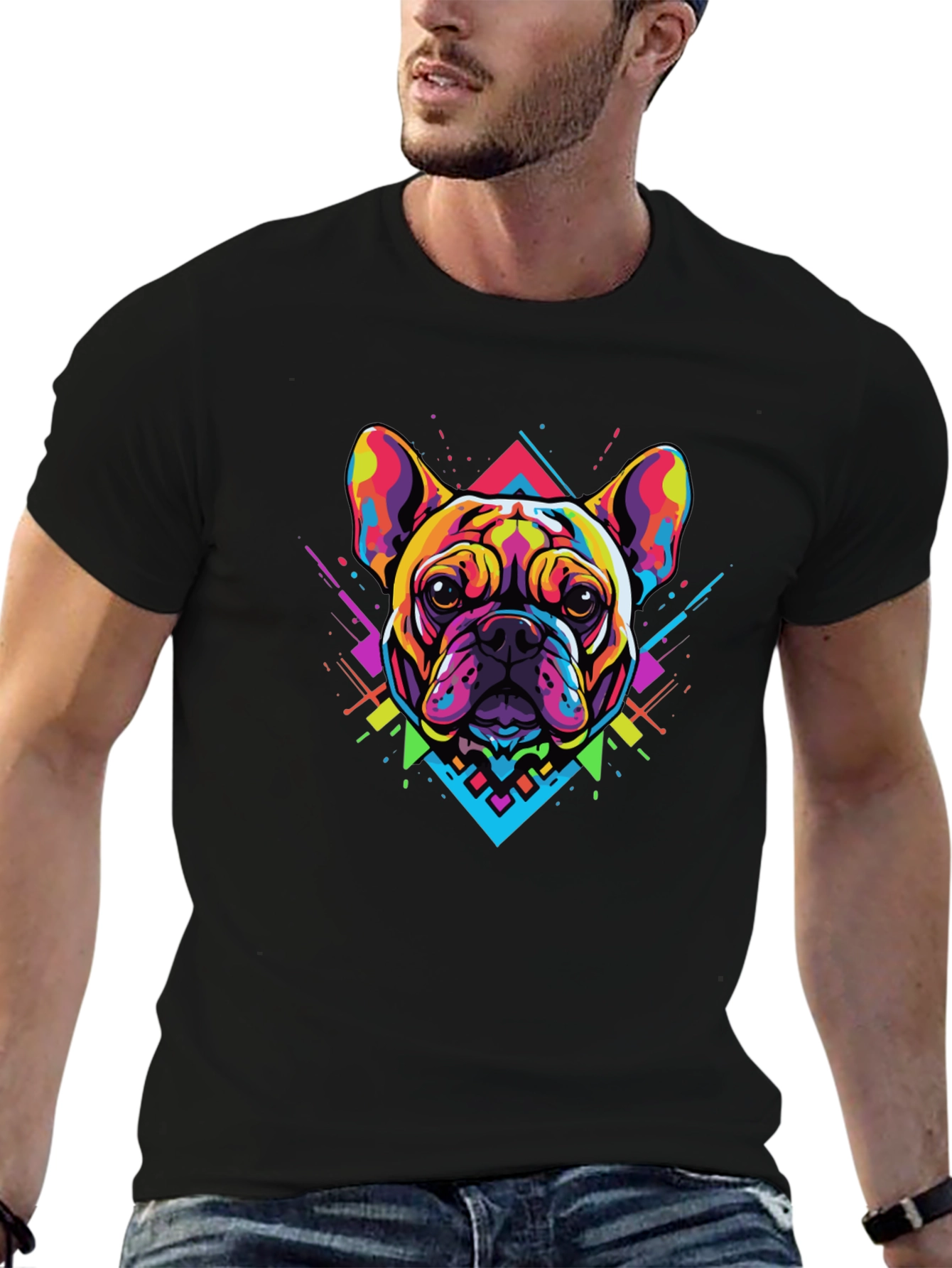 Black Bold Geometric Bulldog Graphic Tee - Black view 6