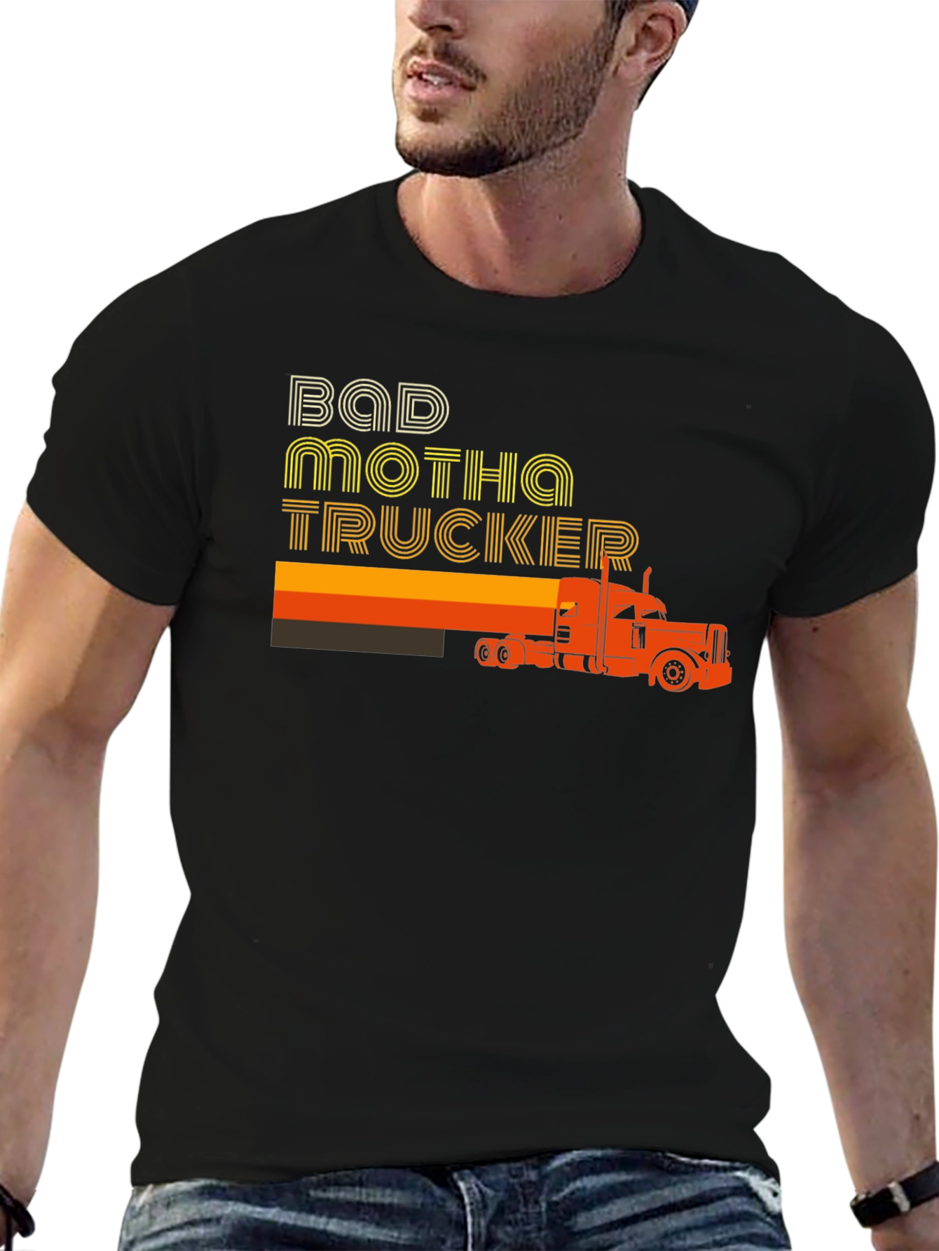 Black Bad Motha Trucker Graphic T-Shirt - Retro Style view 6