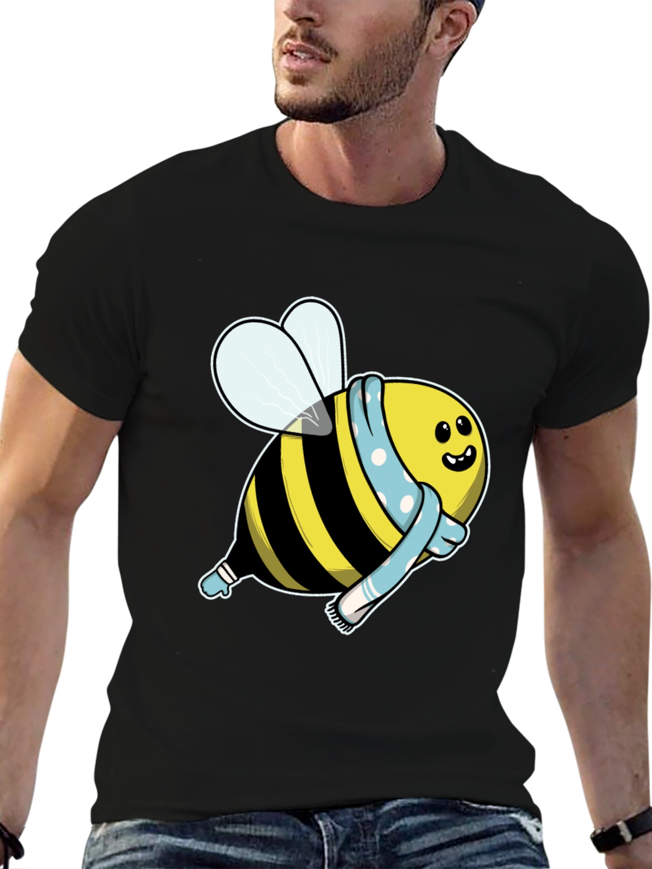 Black Cute Cartoon Bee T-Shirt - Black Cotton Blend view 6