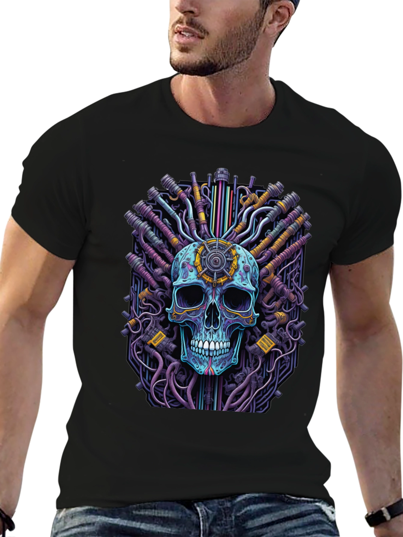 Black Cyberpunk Skull Graphic Tee - Black view 6