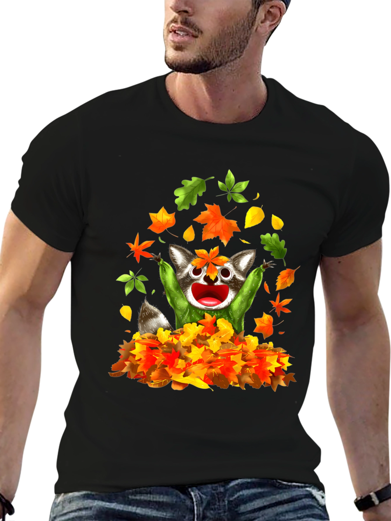 Black Raccoon Leaves Graphic T-Shirt - Autumn Fun view 6
