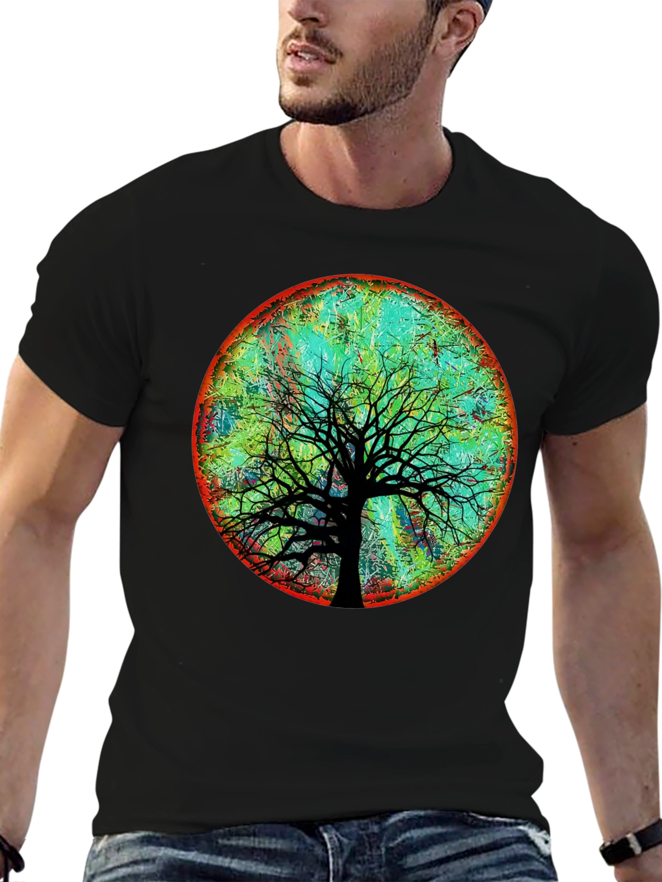 Black Artsy Tree of Life Graphic Tee - Black Cotton Blend view 6