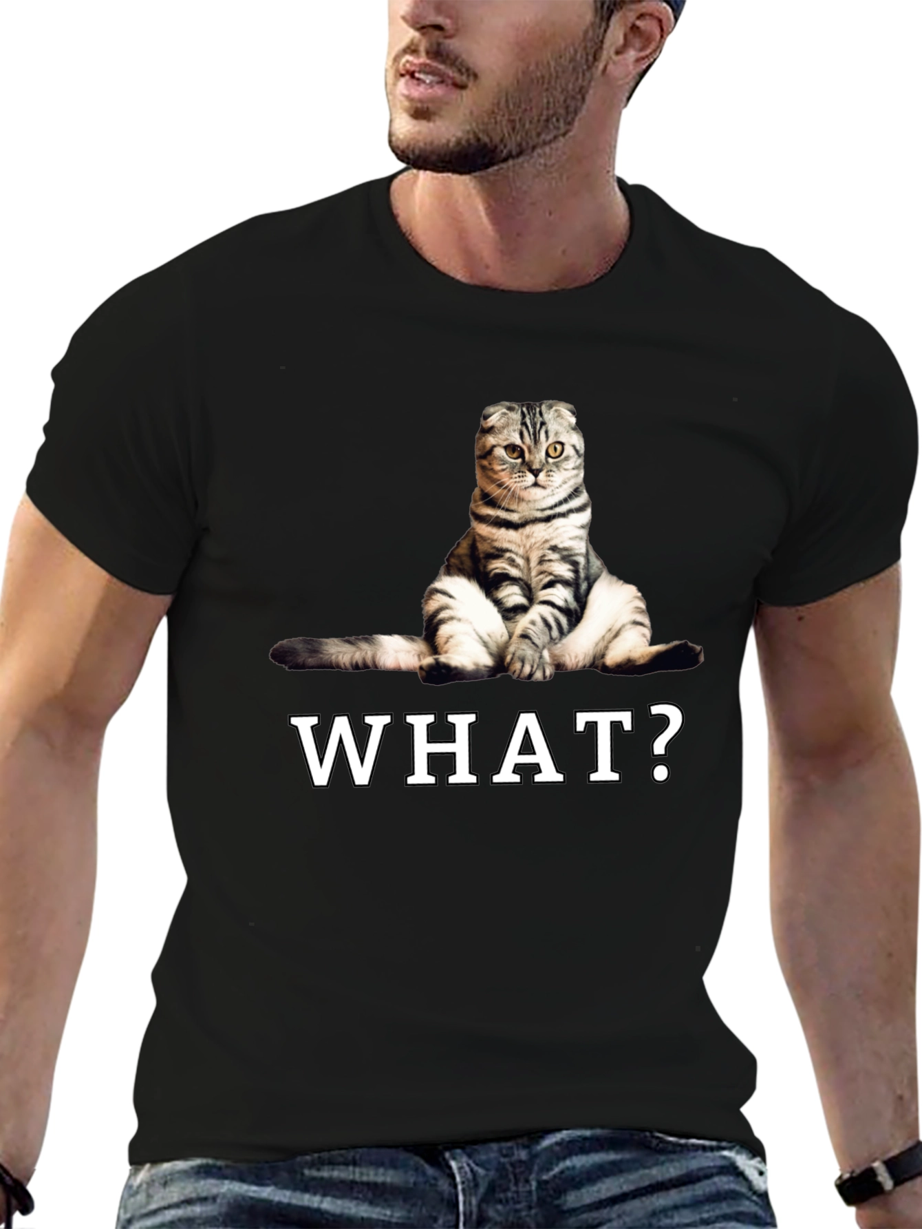 Black Funny Cat "What?" Graphic T-Shirt view 6