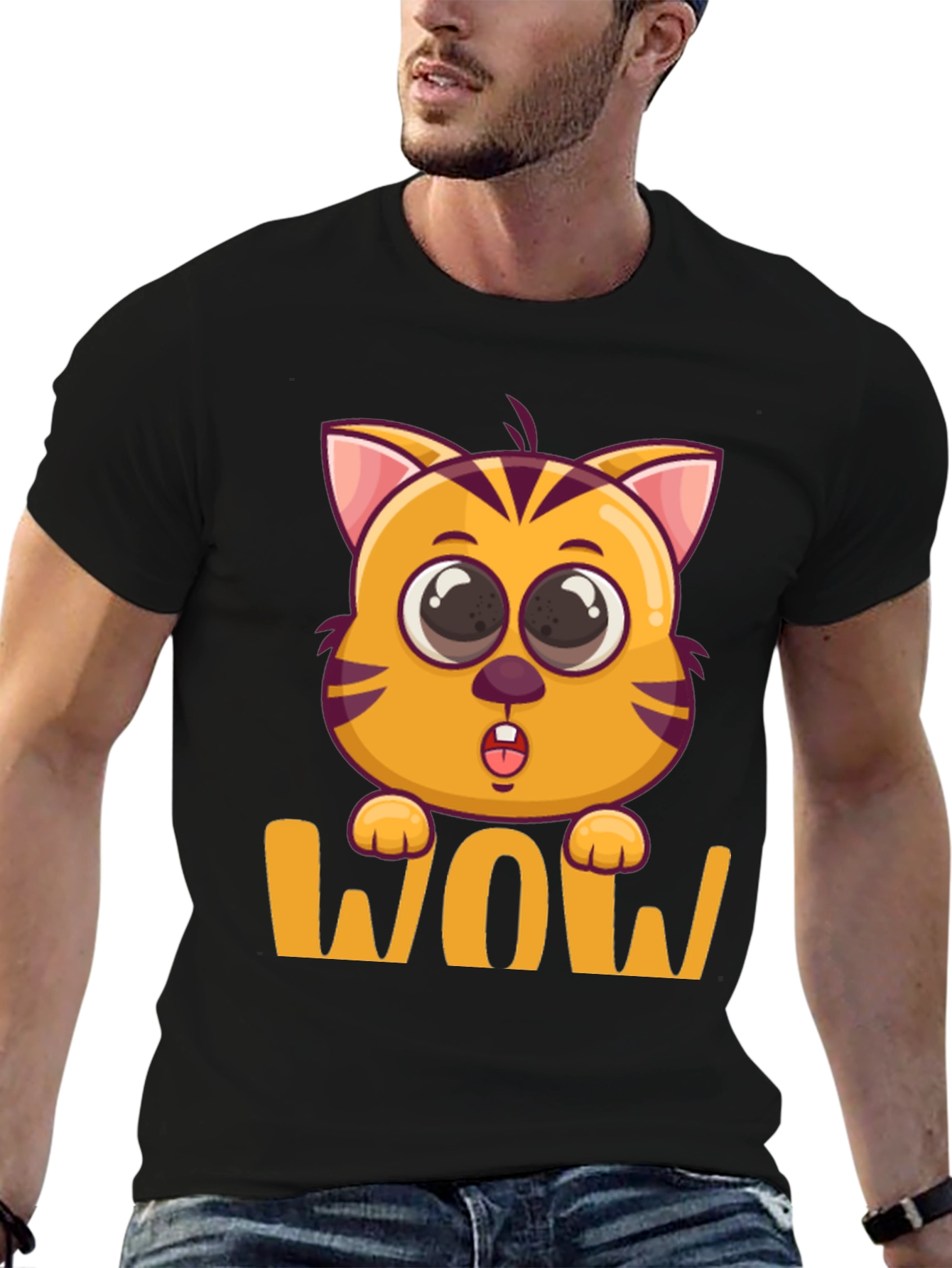 Black WOW Cat T-Shirt - Cute Cartoon Kitten Tee view 6