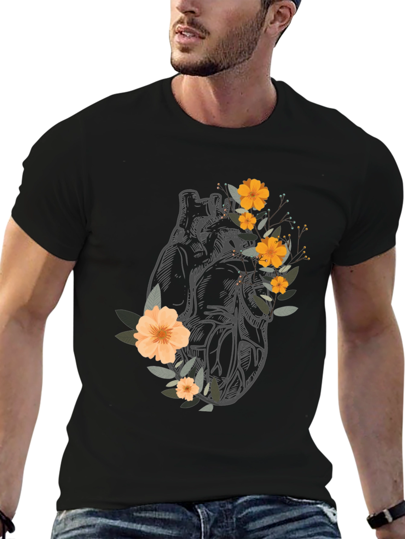 Black Anatomical Heart Floral Graphic Tee - Black view 6