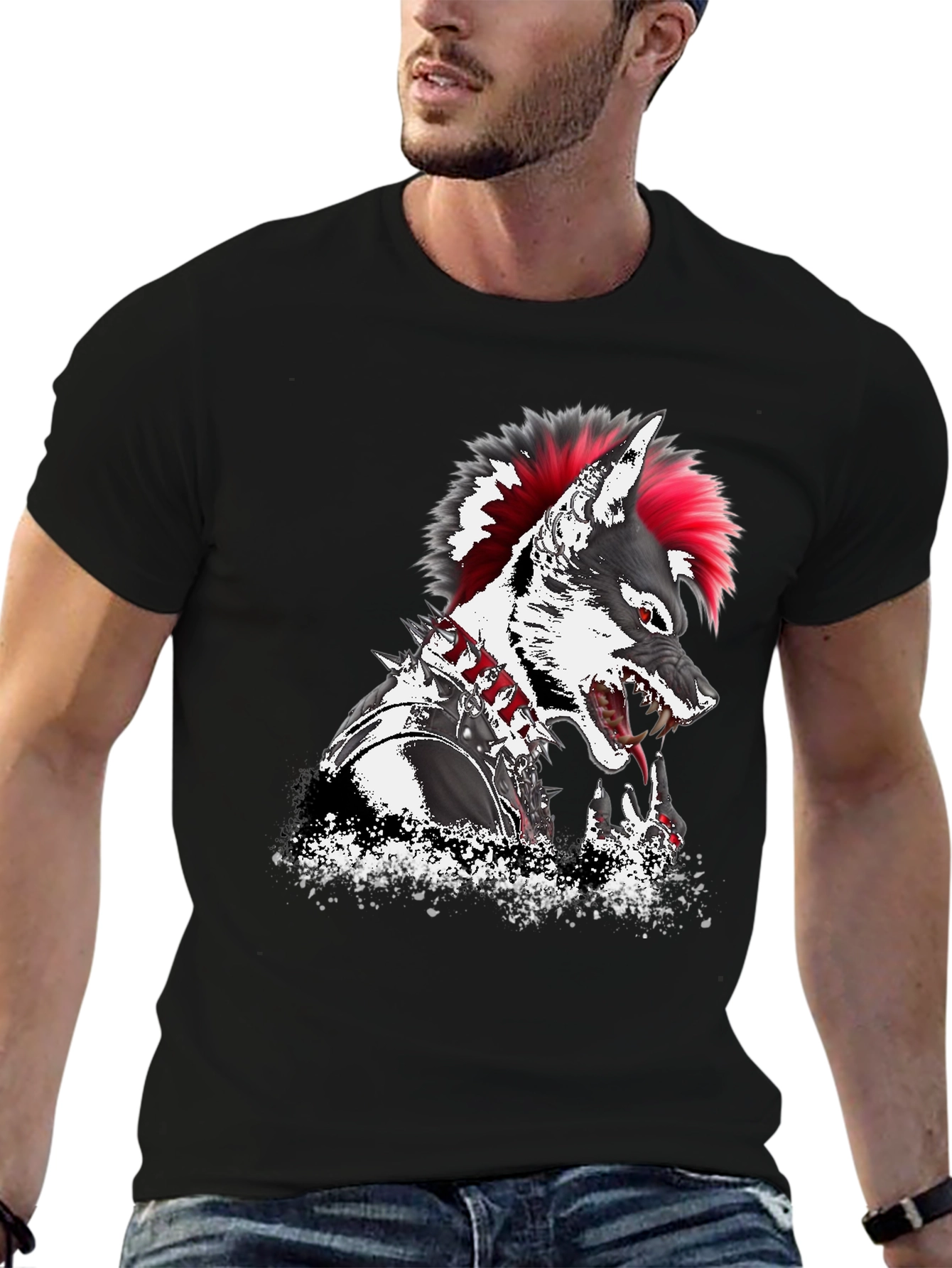 Black Punk Wolf Graphic T-Shirt - Unique Design view 6