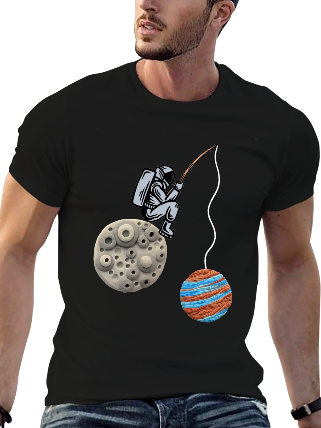 Black Astronaut Fishing Planet Graphic T-Shirt view 6