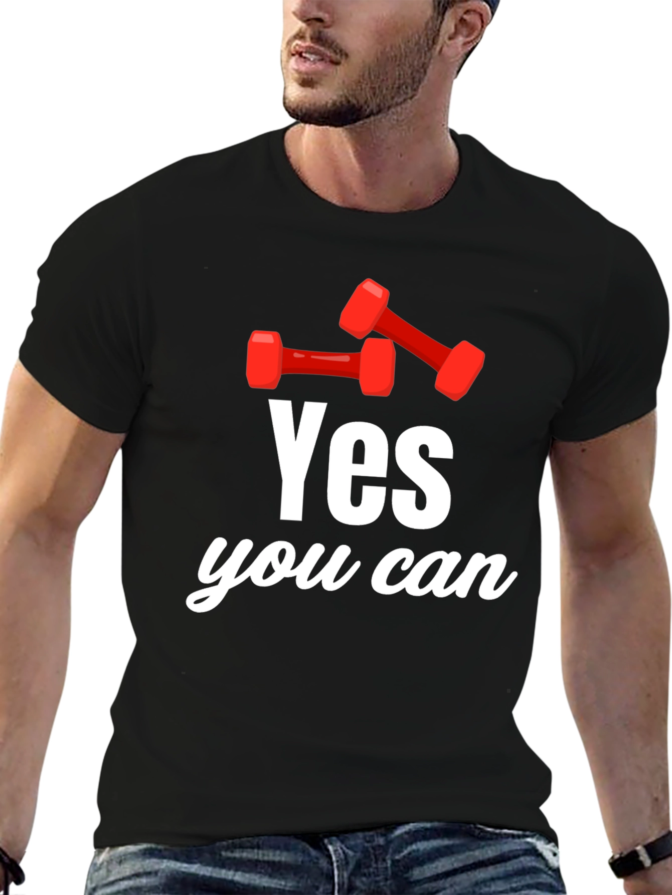 Black Yes You Can! Dumbbell Graphic T-Shirt - Motivational Gym Tee view 6