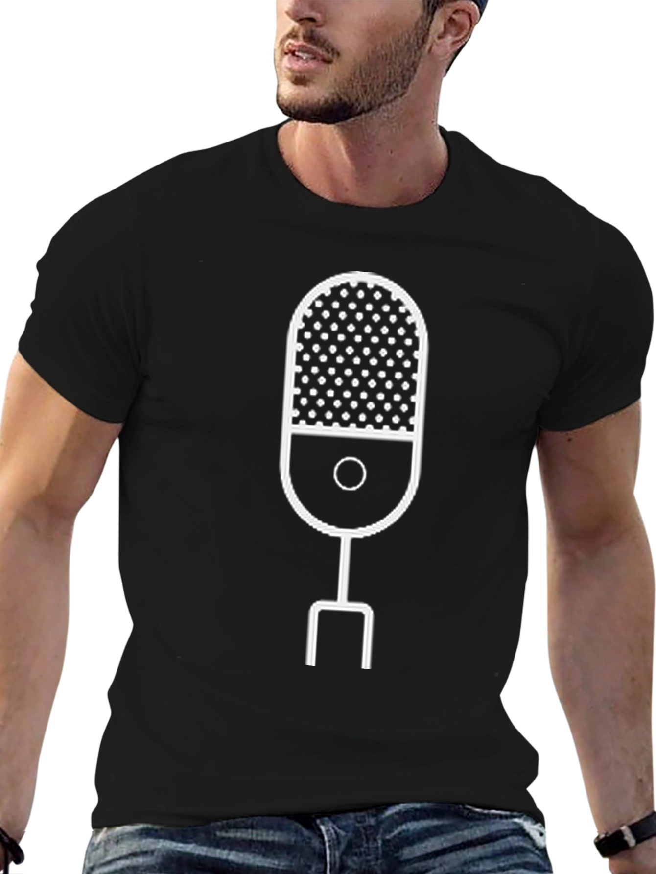 Black Modern Microphone Graphic Tee - Black Cotton view 6