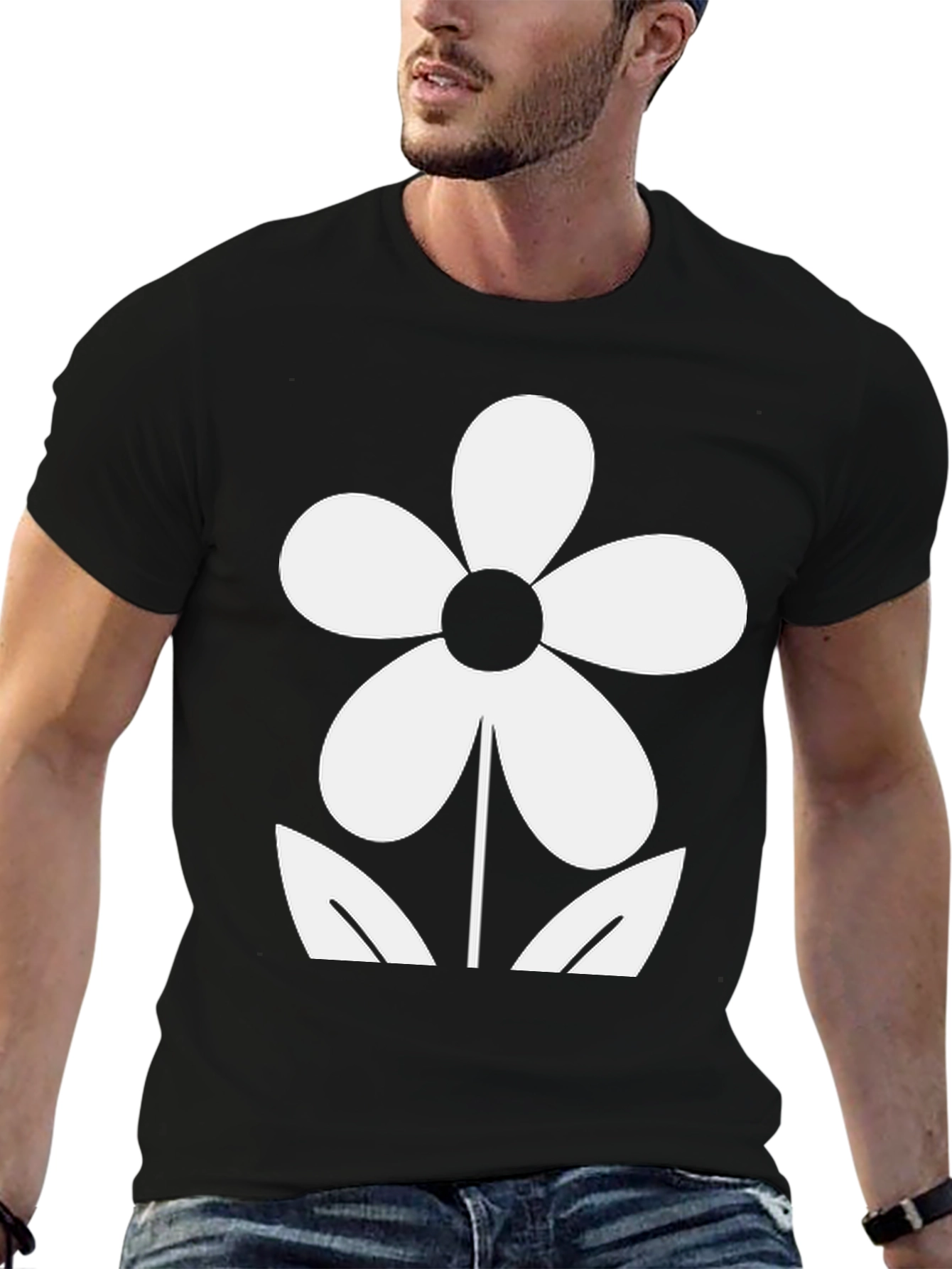 Black Black T-Shirt with White Flower Graphic view 6