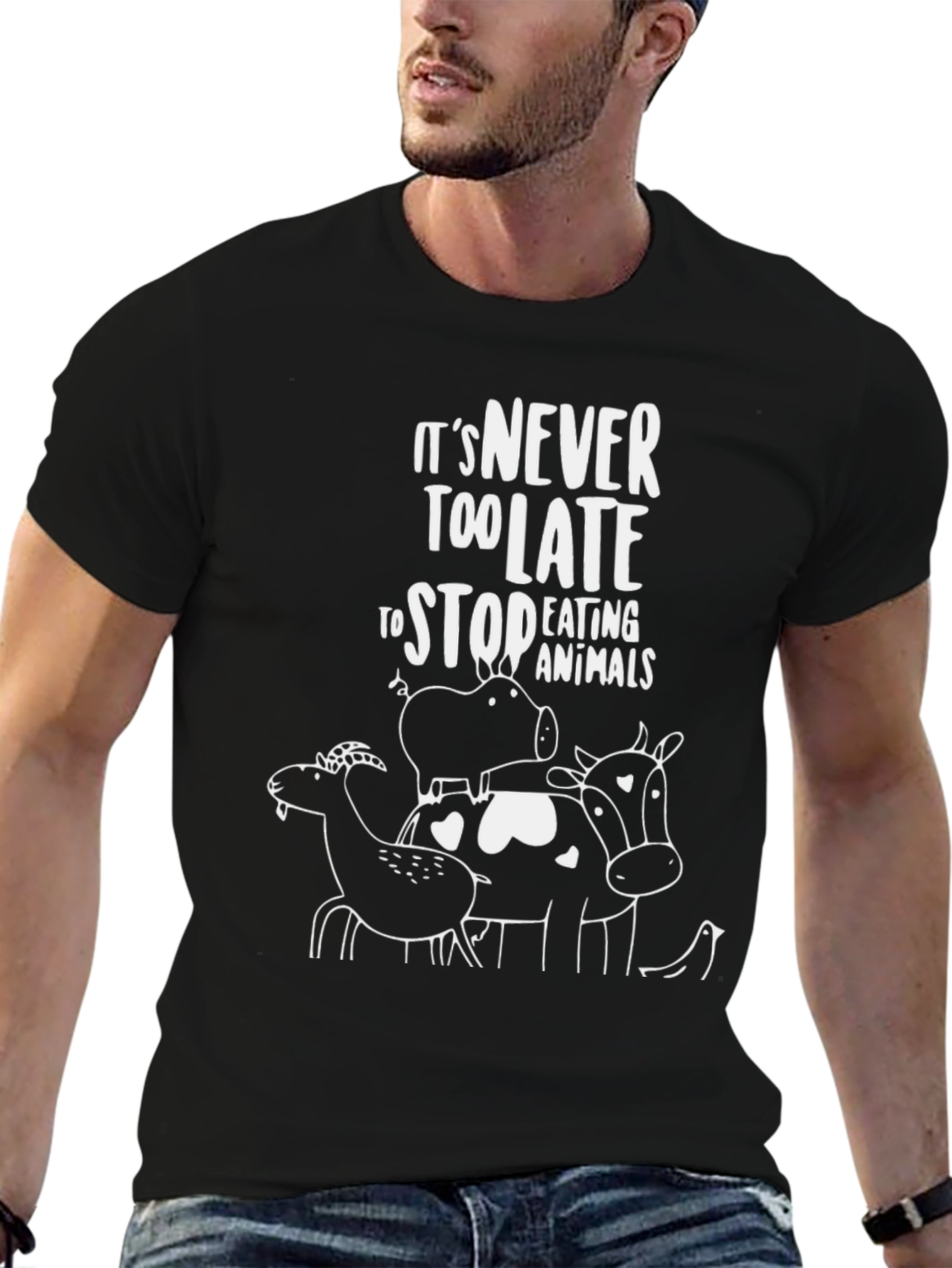 Black Vegan T-Shirt - It's Never Too Late Graphic Tee view 6