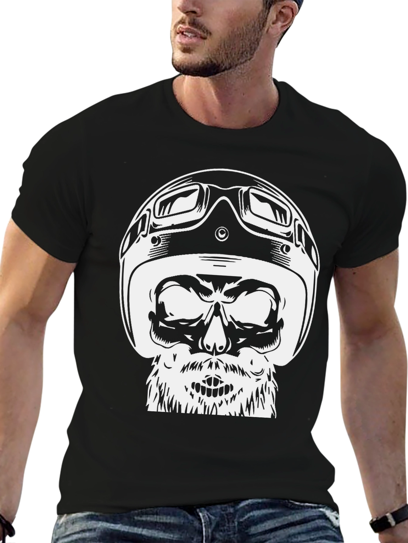 Black Skull Helmet Graphic Tee - Black Cotton T-Shirt view 6
