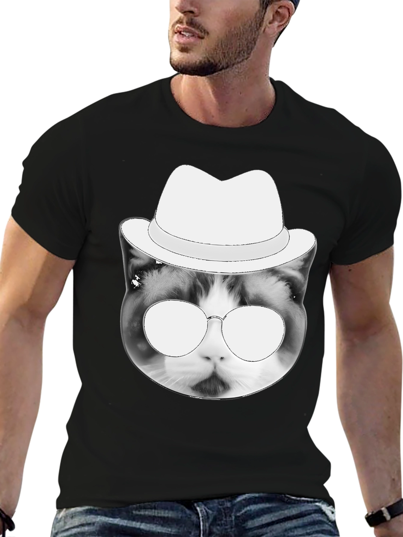 Black Cool Cat Tee: Black T-Shirt with Cat in Hat Graphic view 6