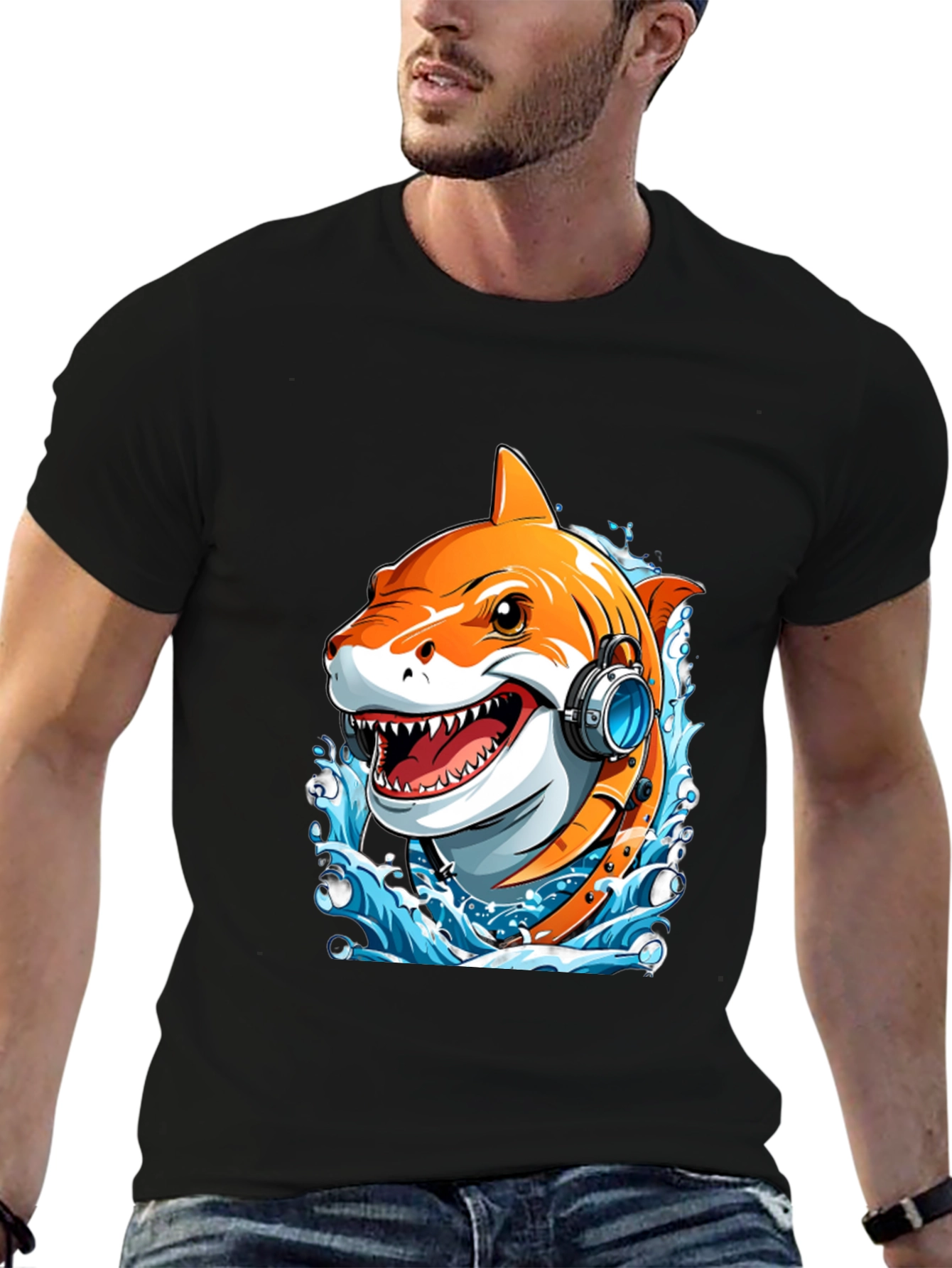 Black Cool Shark Headphones Graphic Tee view 6