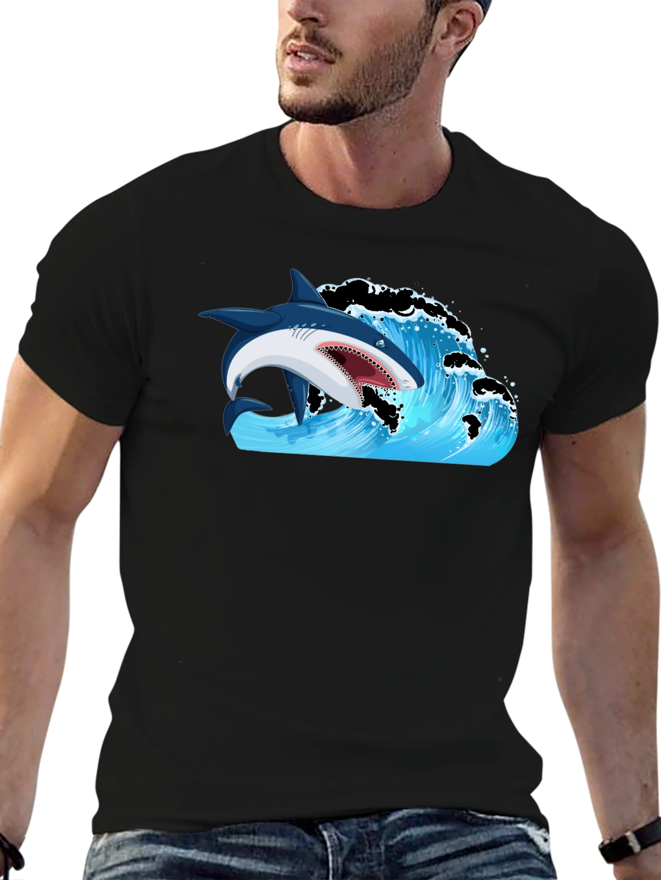 Black Shark Wave Graphic Print T-Shirt view 6