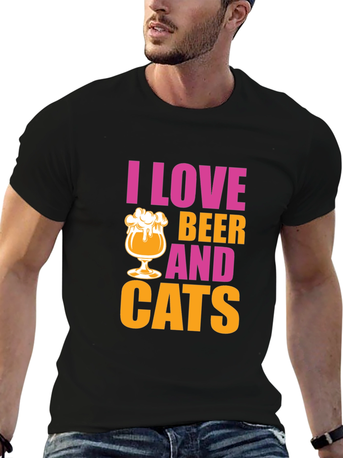 Black I Love Beer and Cats Graphic T-Shirt view 6