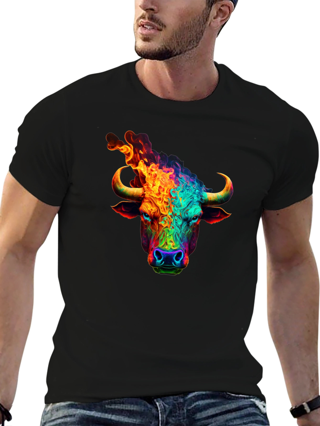 Black Fiery Bull Graphic T-Shirt - Bold & Vibrant Design view 6