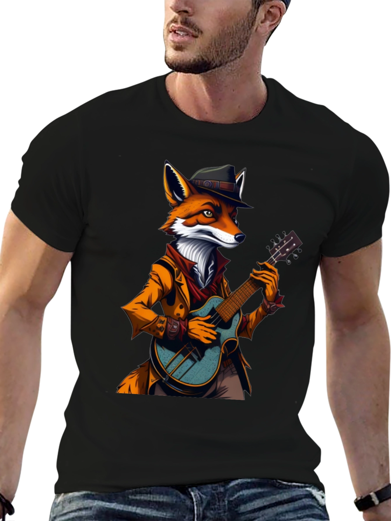 Black Fox Musician Graphic Tee - Cool Animal Shirt view 6